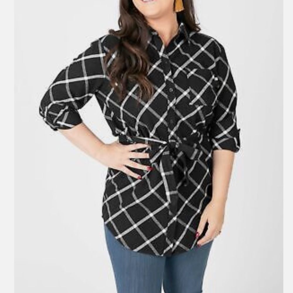 Agnes & Dora black ivory window pane flannel button up tunic top belt size XL